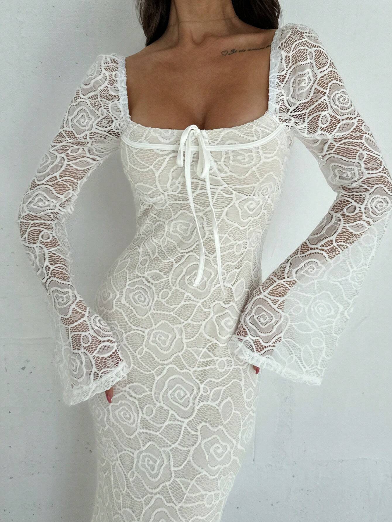SHEIN Firerie Women's Heart-Shaped Neckline Bell Sleeve Bustier Lace Mermaid Dress