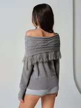 SHEIN Flirla 1pc Women's Gray Pullover Sweater, Casual Oblique Shoulder TwistCablel Design With Tassel