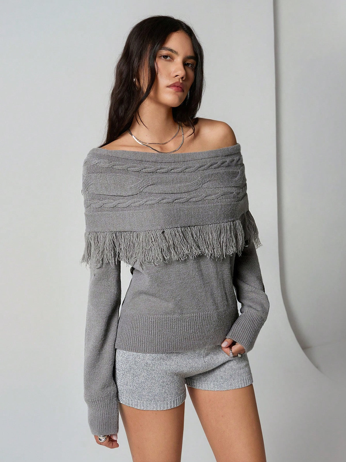 SHEIN Flirla 1pc Women's Gray Pullover Sweater, Casual Oblique Shoulder TwistCablel Design With Tassel