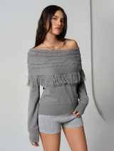 SHEIN Flirla 1pc Women's Gray Pullover Sweater, Casual Oblique Shoulder TwistCablel Design With Tassel