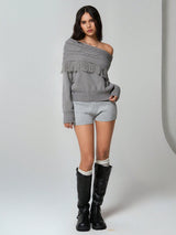 SHEIN Flirla 1pc Women's Gray Pullover Sweater, Casual Oblique Shoulder TwistCablel Design With Tassel