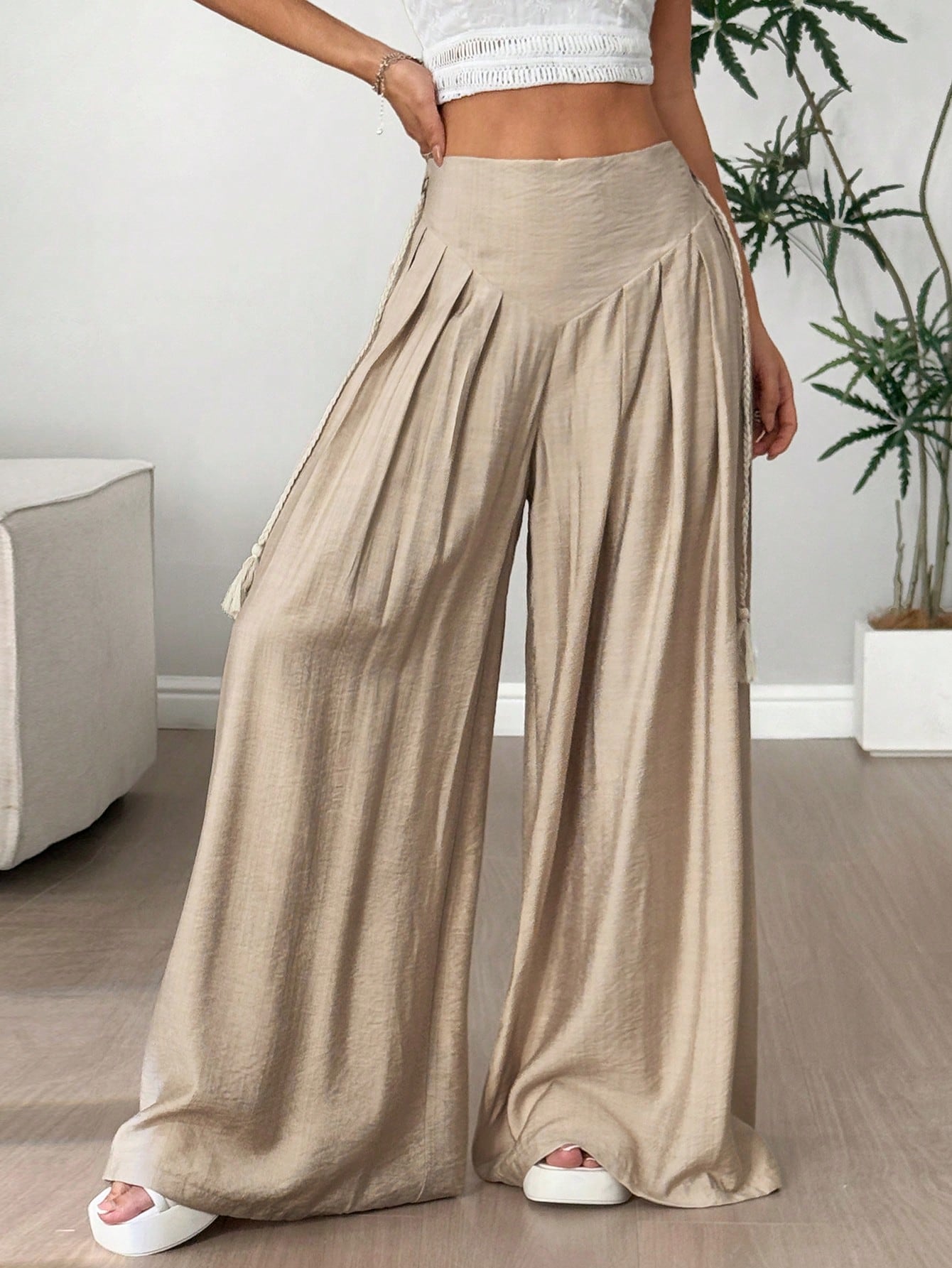 SHEIN Flirla Women's Loose Wide Leg Casual Palazzo Pants With Tassels