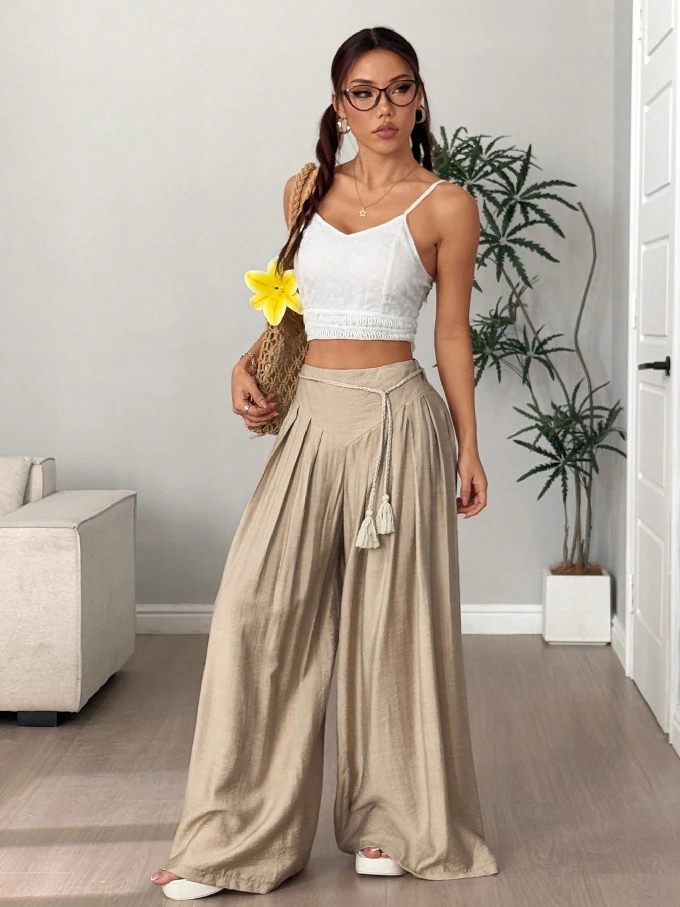 SHEIN Flirla Women's Loose Wide Leg Casual Palazzo Pants With Tassels