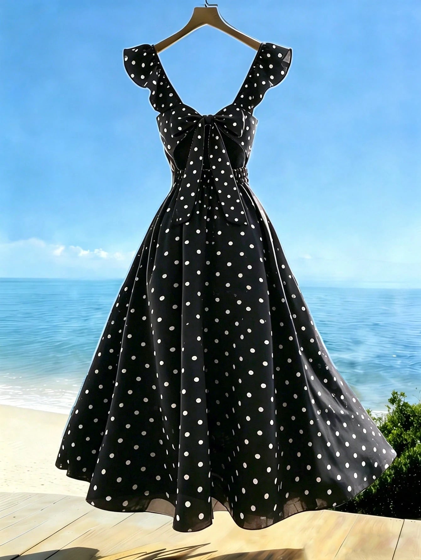 SHEIN Franclia Women's V-Neck Ruffle Sleeve Pleated Waist Backless Tie Polka Dot Print Maxi Dress