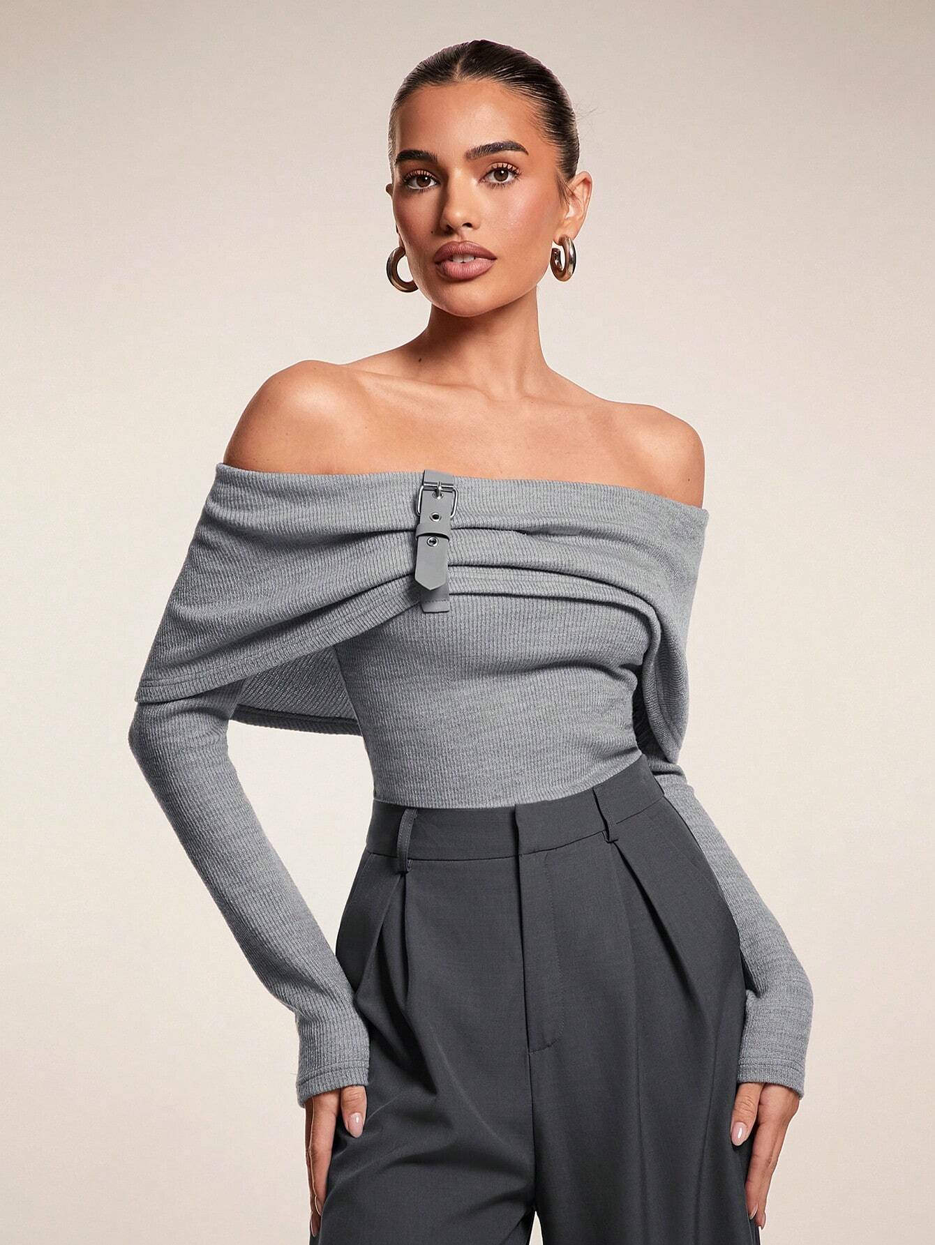Glamine 1pc Women Off-Shoulder Leather Patch Decorated