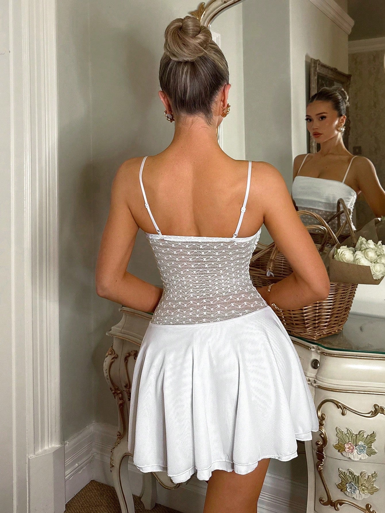 SHEIN Glamine Charm Women White Summer 70s Sheer Cut Out Sleeveless Off The Shoulder Mini Dress