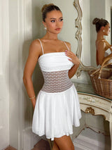 SHEIN Glamine Charm Women White Summer 70s Sheer Cut Out Sleeveless Off The Shoulder Mini Dress