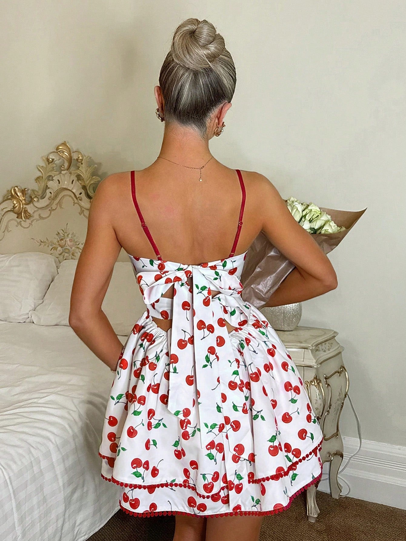 SHEIN Glamine Charm Women's Cherry Print Layered Hem Woven Mini Cami Dress