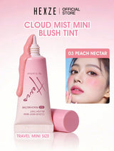 Hexze Cloud Mist Mini Blush Tint packaging with a pink background and a close-up of a person wearing the blush.