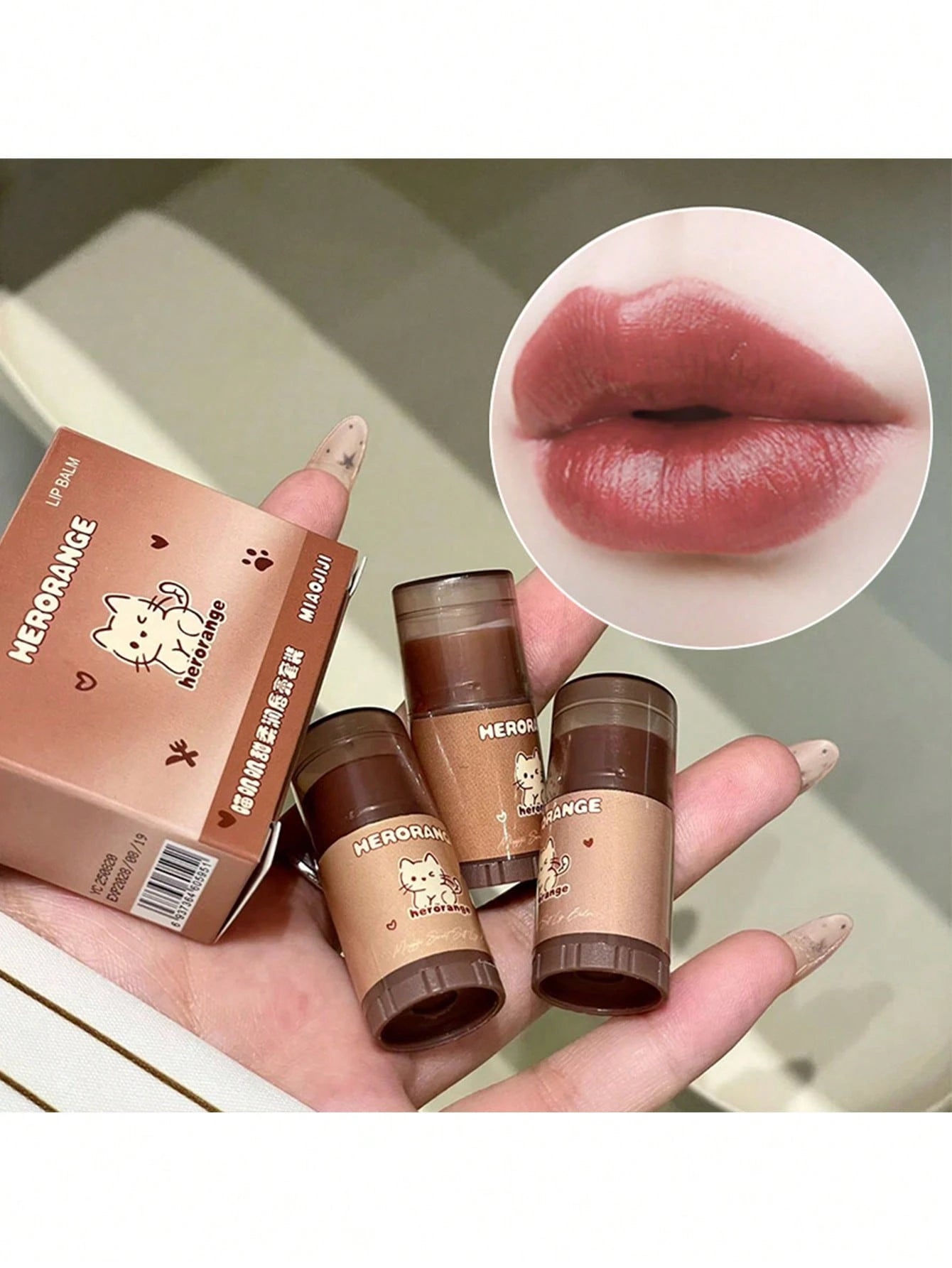 Hand holding lip balm sticks with packaging and a close-up of lips wearing the product.