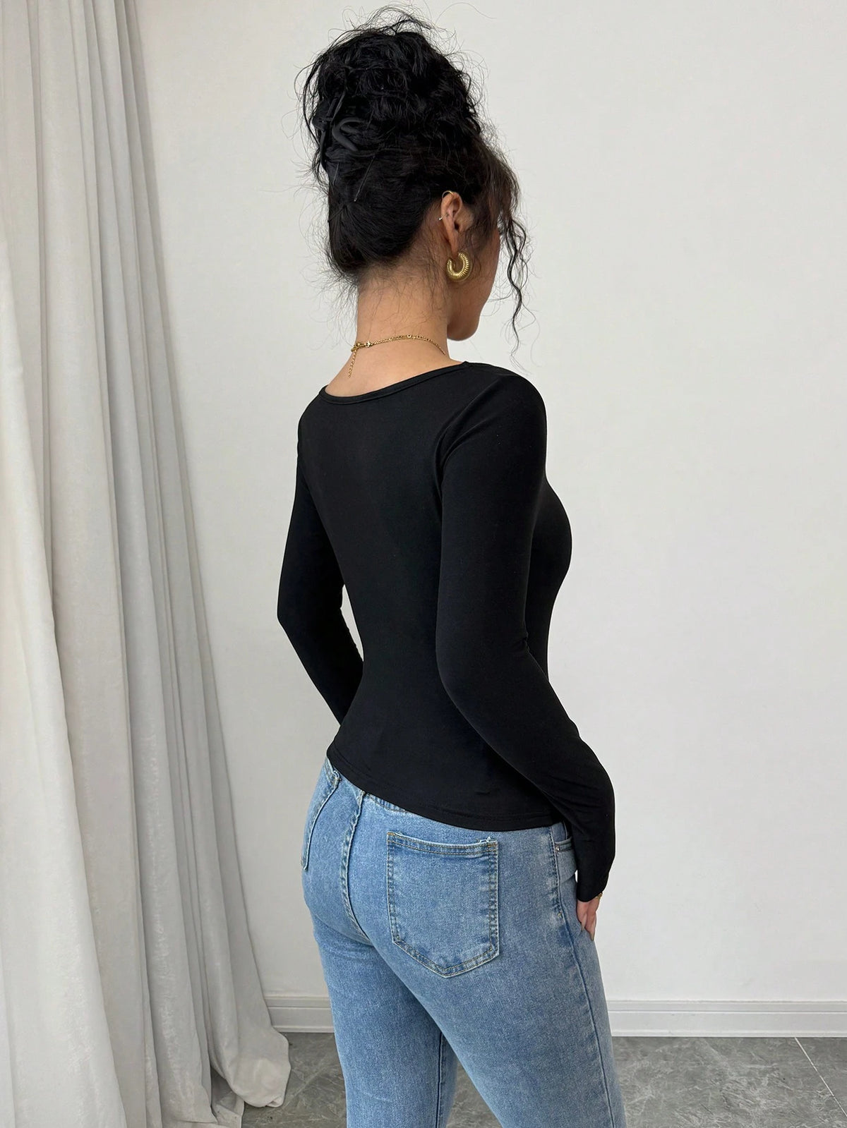 SHEIN INAWLY Black Elegant Ruffle Trim Square Neck Long Sleeve Slim Fit Ladies T-Shirt