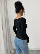 SHEIN INAWLY Black Elegant Ruffle Trim Square Neck Long Sleeve Slim Fit Ladies T-Shirt