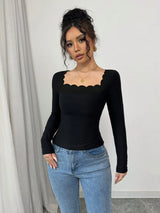 SHEIN INAWLY Black Elegant Ruffle Trim Square Neck Long Sleeve Slim Fit Ladies T-Shirt