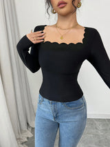 SHEIN INAWLY Black Elegant Ruffle Trim Square Neck Long Sleeve Slim Fit Ladies T-Shirt