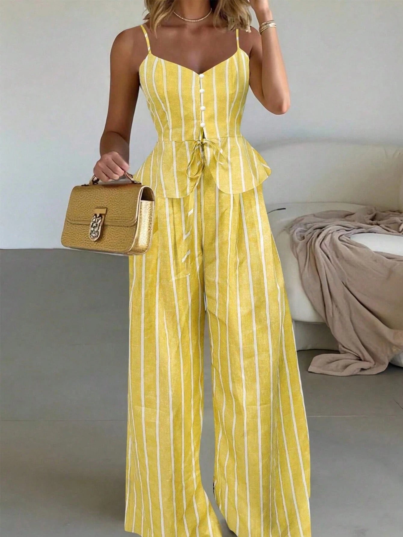 INAWLY Yellow Striped Micro Crop Camisole And Pants Two-Piece Set 