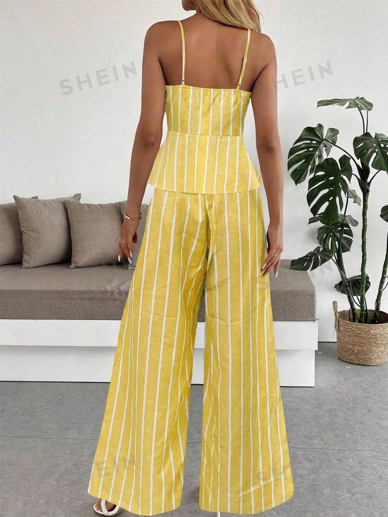 SHEIN INAWLY Yellow Striped Micro Crop Camisole And Pants Two-Piece Set