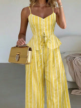 SHEIN INAWLY Yellow Striped Micro Crop Camisole And Pants Two-Piece Set