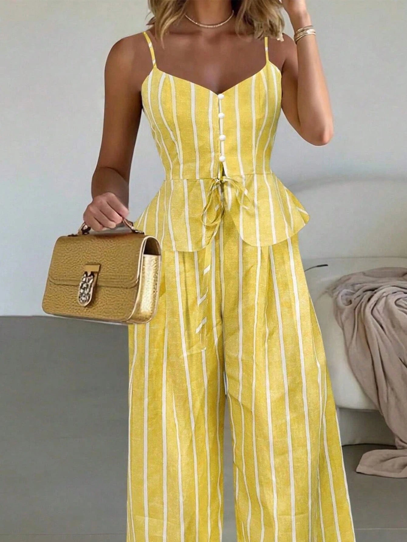 SHEIN INAWLY Yellow Striped Micro Crop Camisole And Pants Two-Piece Set