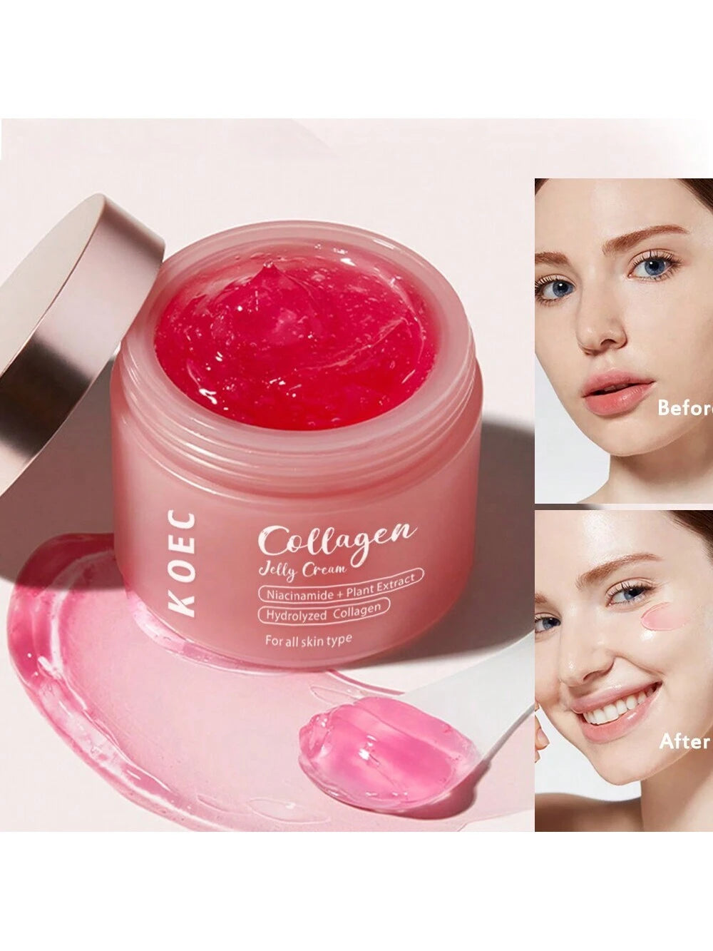 KOEC Collagen Jelly Cream jar with pink cream, before and after effects on skin.