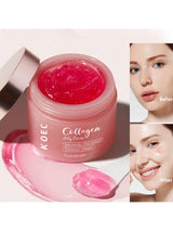KOEC Collagen Jelly Cream jar with pink cream, before and after effects on skin.