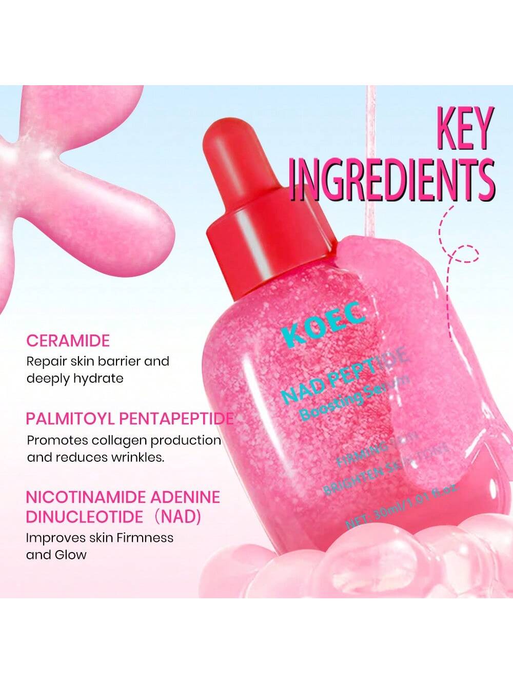 Pink skincare dropper bottle with key ingredients listed on a light blue background