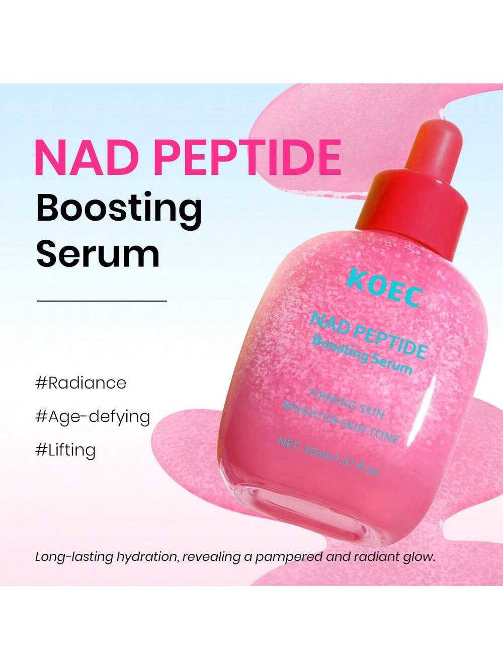 SHEIN KOEC NAD Peptide Revitalizing Essence - Anti-Aging Korean Skincare Essence, Firms, Reduces Wrinkles, Brightens (1.01 Fl Oz/30ml)  Watermelon Pink