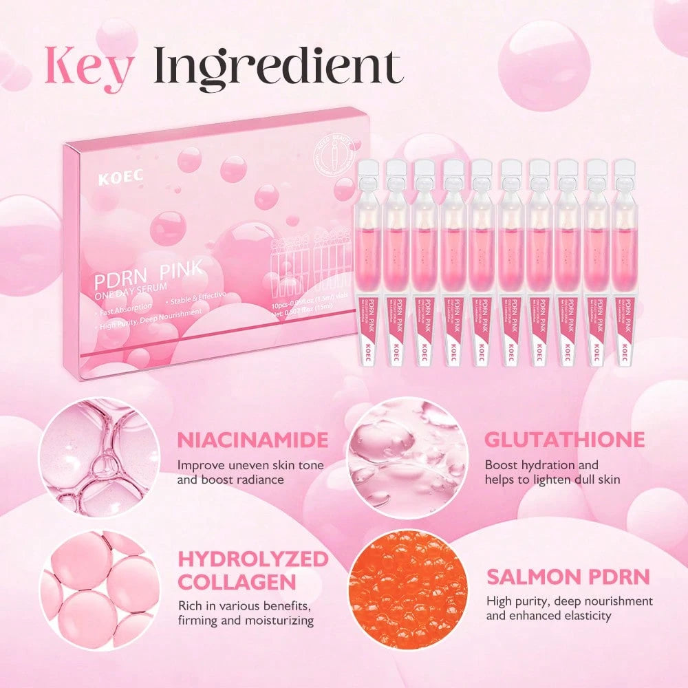 SHEIN KOEC PDRN Pink One-Day Essence | 99% Salmon DNA PDRN Concentrated Ampoule, Collagen, Glutathione, Hyaluronic Acid - Enhances Skin Radiance | Korean Skincare 1.5ml X 10pcs/Box