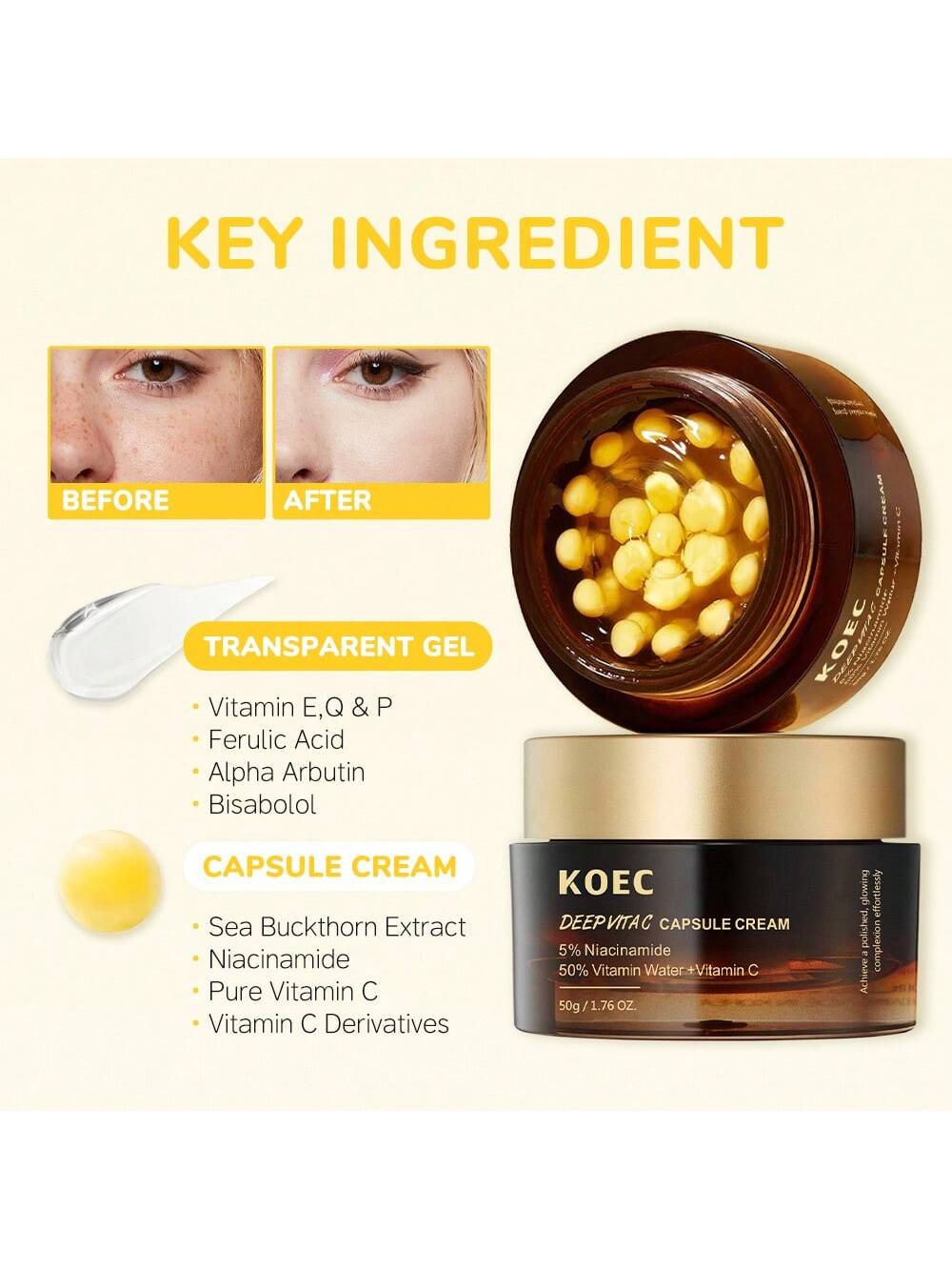 SHEIN KOEC Deep Vitamin C Capsule Facial Cream, Deep Nourishing Moisturizing Cream, Improves Uneven Skin Tone