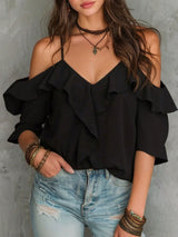 LUMIGAL Cold Shoulder Ruffle Trim Blouse
