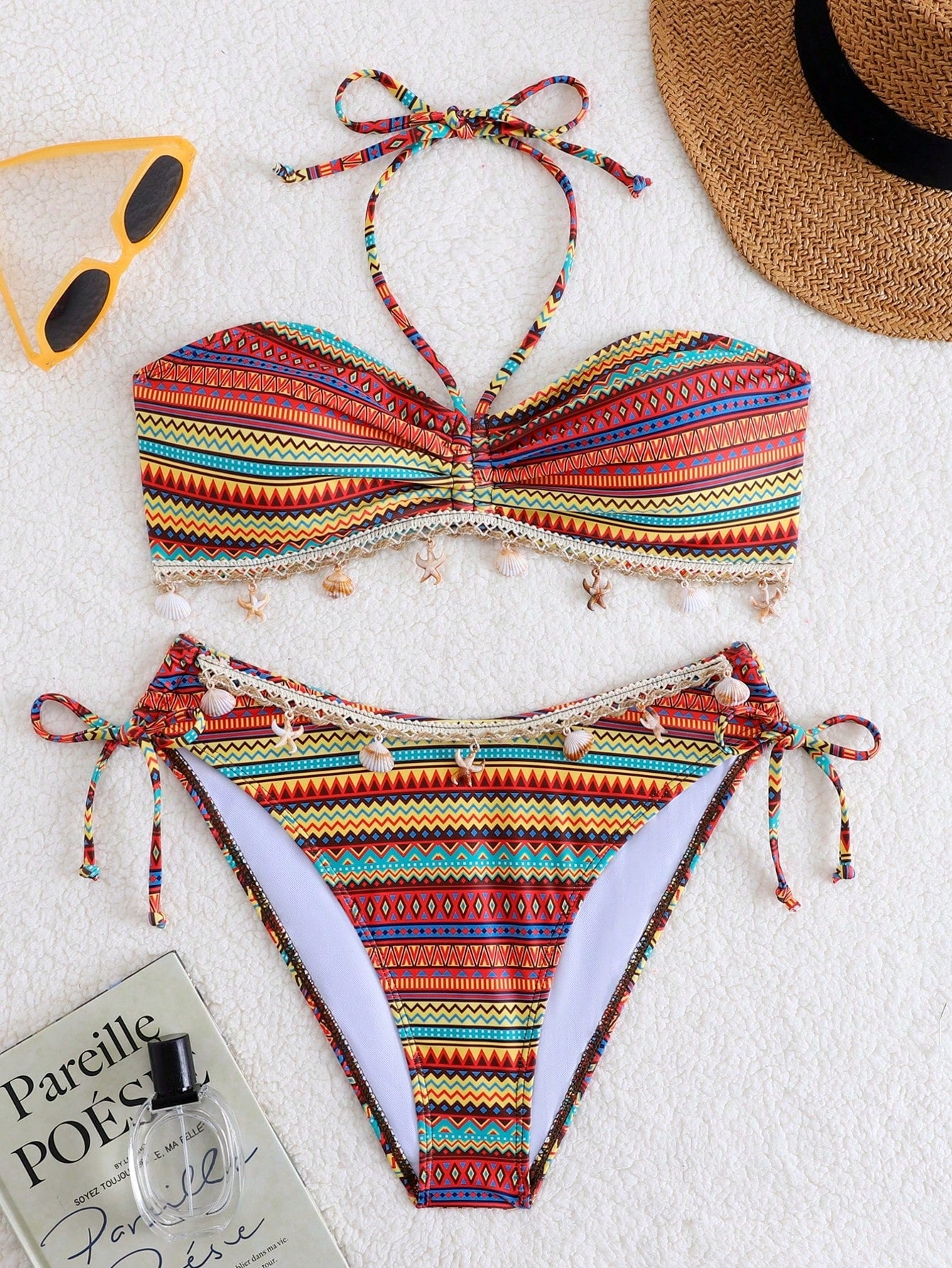 SHEIN Leopard Print Floral Adjustable Bikini 2 Pieces Set, Women Halter Swimwear Beach