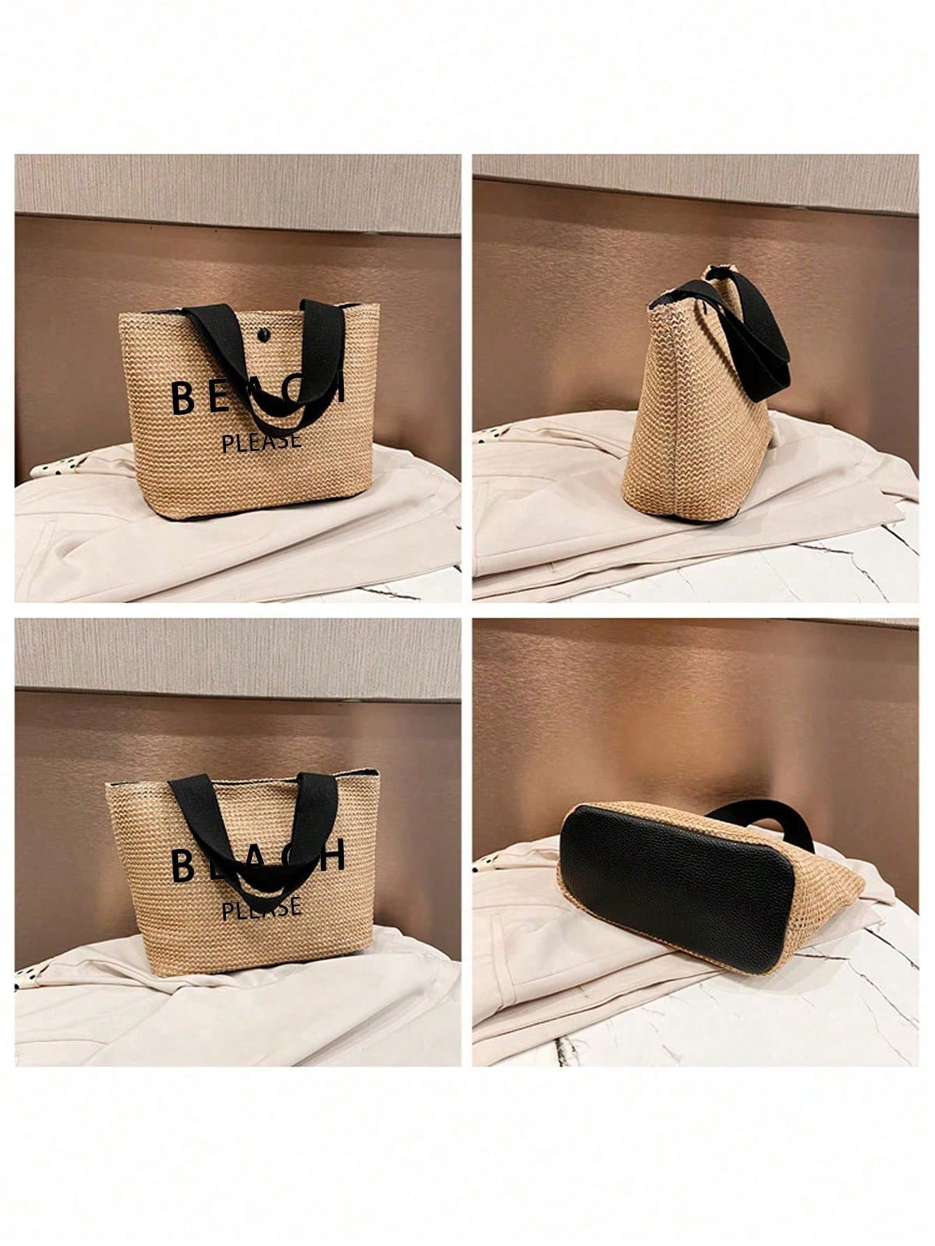 Woven beach bag with black handle and 'BEACH PLEASE' text on a bed.