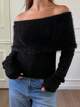 Livesso Women's Fuzzy Collar Off-Shoulder Sweater, Autumn Long Sleeve Tops