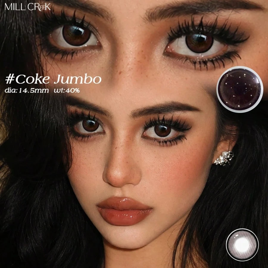 Close-up of a model wearing dramatic false eyelashes and a sparkling dark brown contact lens, with text reading '#Coke Jumbo' and size details. Two circular insets show the lens from different angles on a dark background.