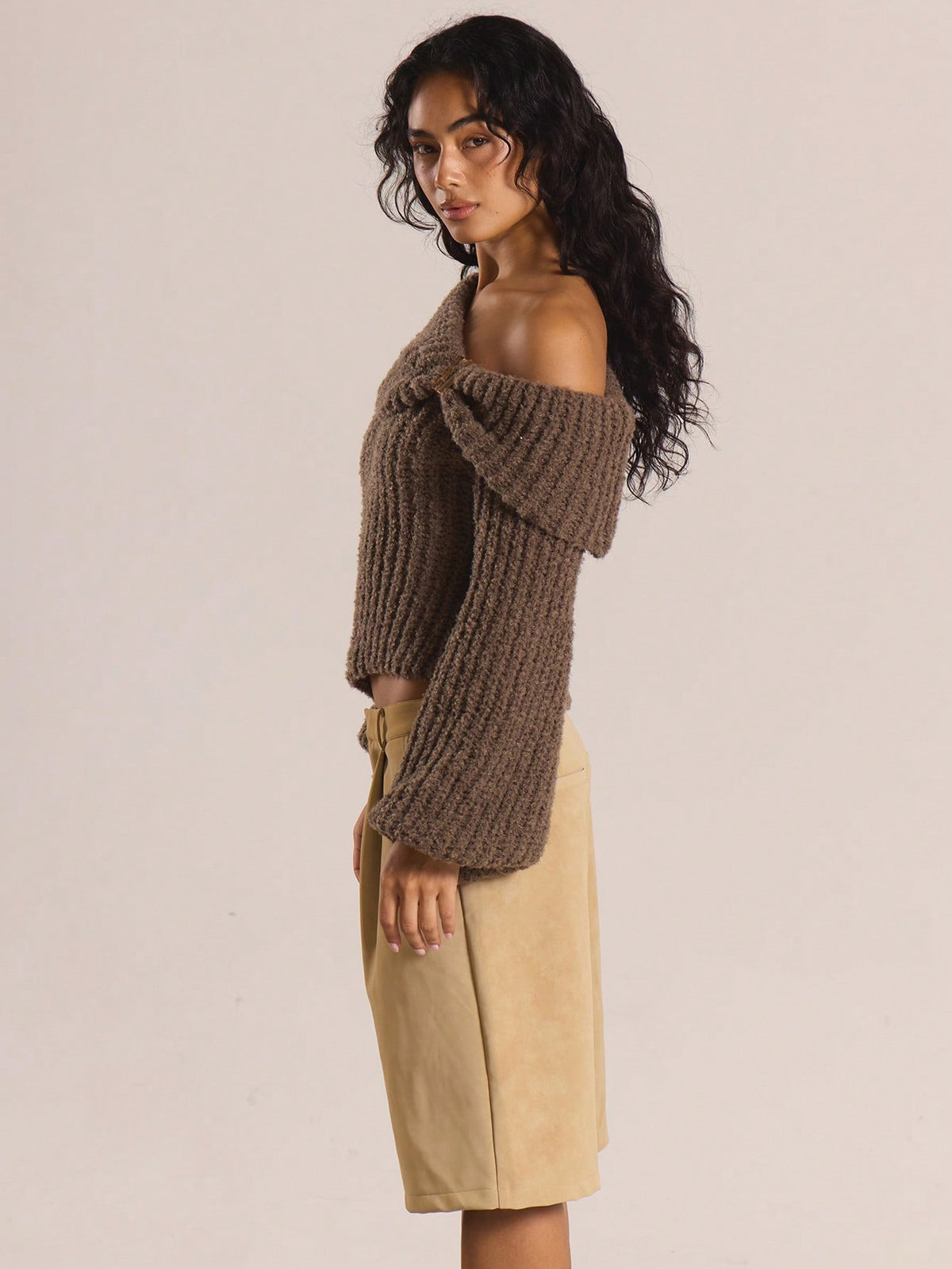 SHEIN MUSERA Coffee Brown,Autumn,Elegant,Dinner Date Asymmetric Fold Over Neck Cut Out