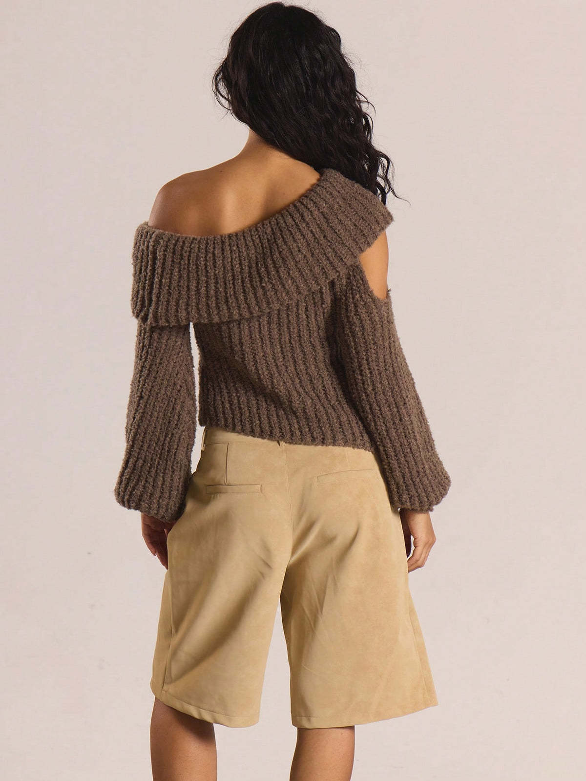 SHEIN MUSERA Coffee Brown,Autumn,Elegant,Dinner Date Asymmetric Fold Over Neck Cut Out