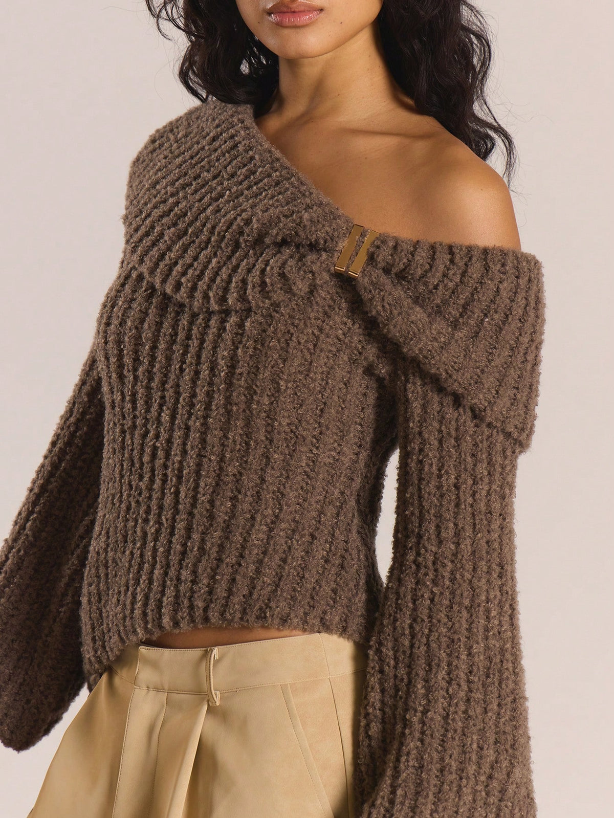 SHEIN MUSERA Coffee Brown,Autumn,Elegant,Dinner Date Asymmetric Fold Over Neck Cut Out