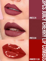 SHEIN Misslyn 3 قطع مجموعة شفاه Juicy Cherry Lip، محدد شفاه ناعم، Colorstay ممنوع الفتح H5
