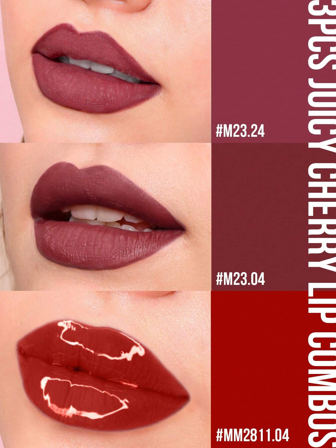 SHEIN Misslyn 3 قطع مجموعة شفاه Juicy Cherry Lip، محدد شفاه ناعم، Colorstay ممنوع الفتح H5