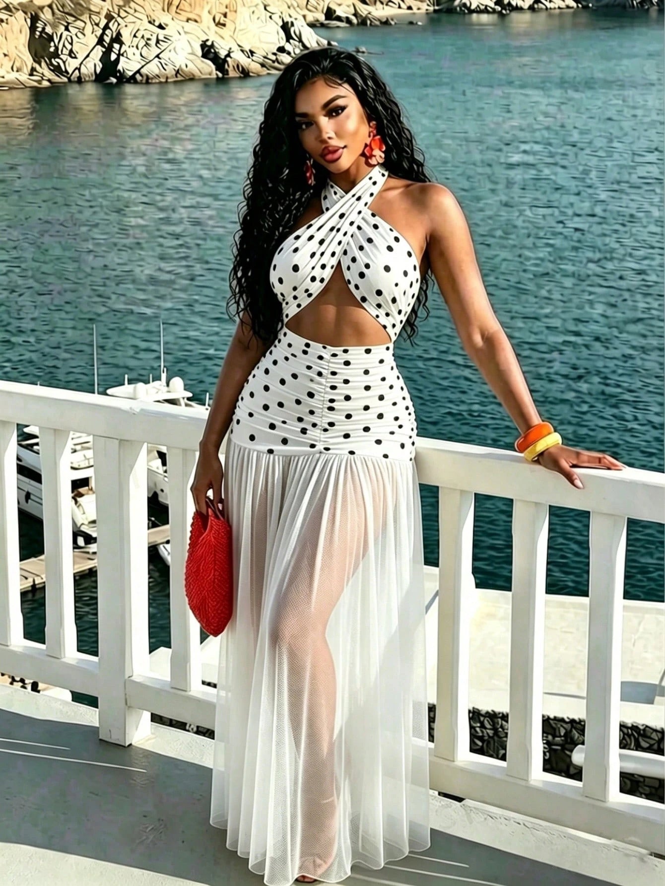 A woman stands on a white balcony overlooking blue water, wearing a white halter-neck maxi dress with black polka dots and a sheer white overlay skirt. She is holding a bright red clutch and wearing orange earrings and bracelets.