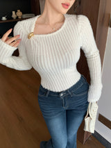 SHEIN Modelyn Women's Casual Elegant Asymmetric Neckline 3D Button Decor Solid Off-White Slim Fit
