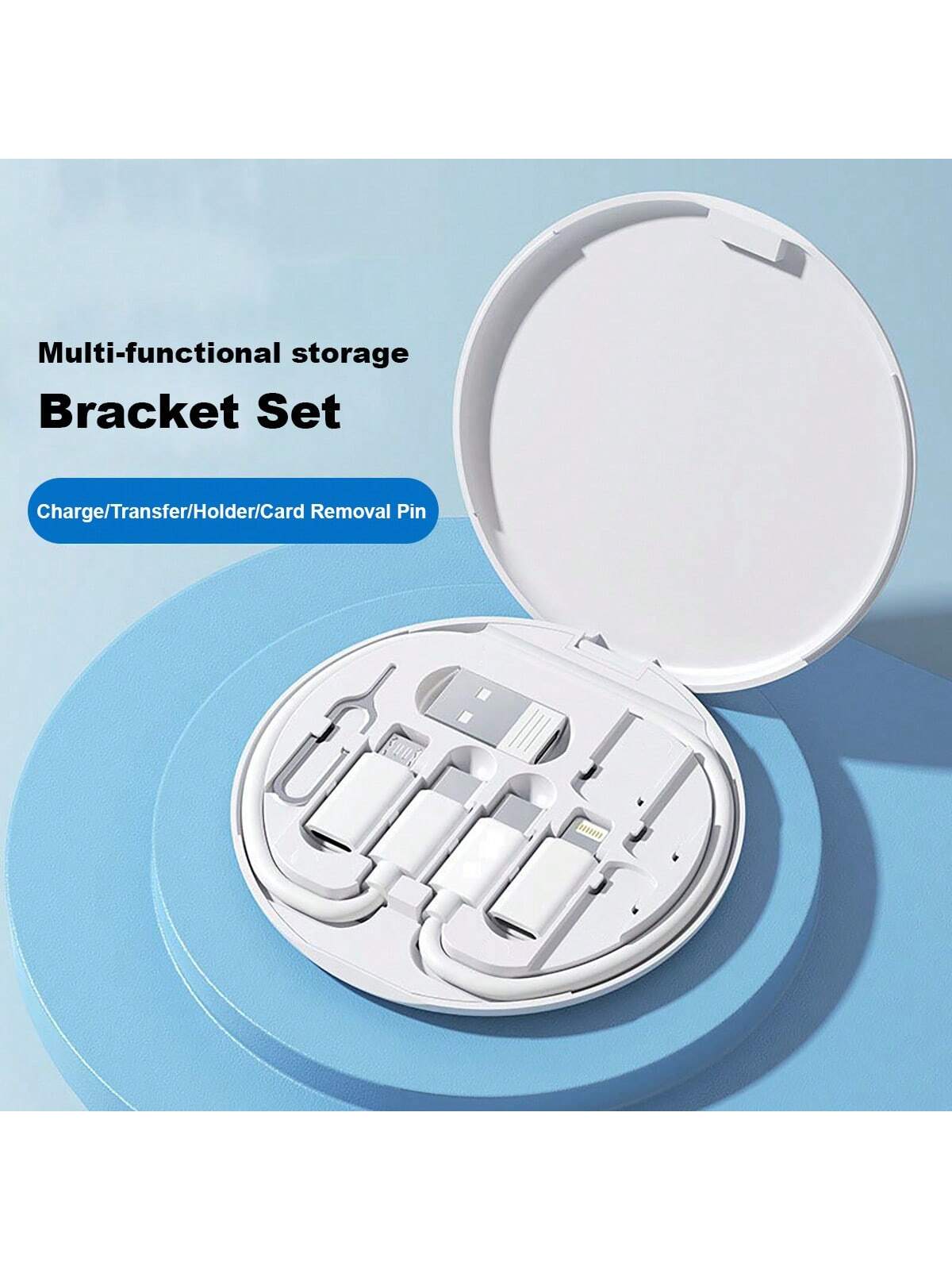 White multi-functional storage bracket set shown open on a light blue background, with text reading 'Multi-functional storage Bracket Set' and 'Charge/Transfer/Holder/Card Removal Pin'.