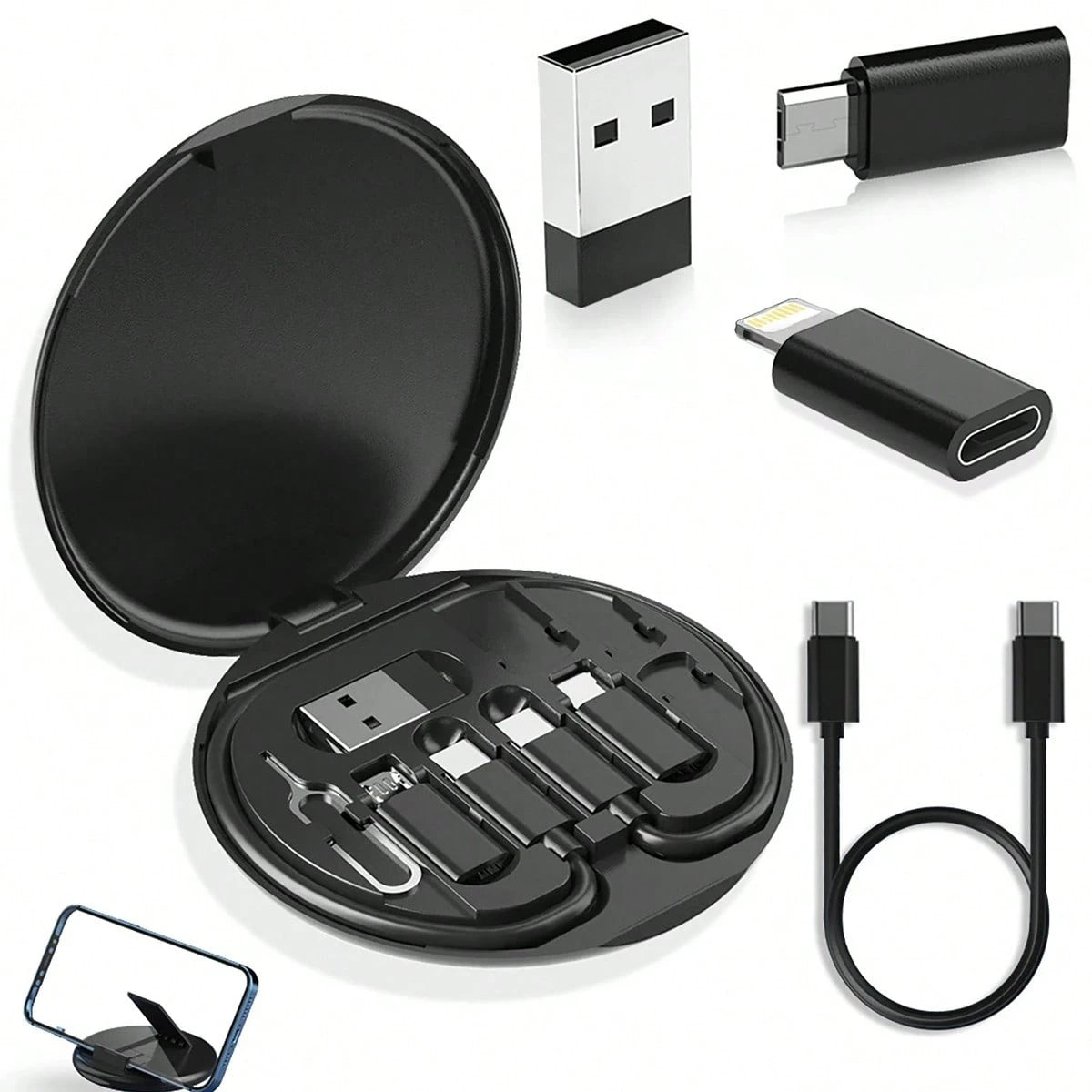 طقم كابلات متعدد الوظائف من شي إن مع صندوق تخزين، طقم كابل شحن USB من النوع C من السيليكون يتضمن نقل البيانات