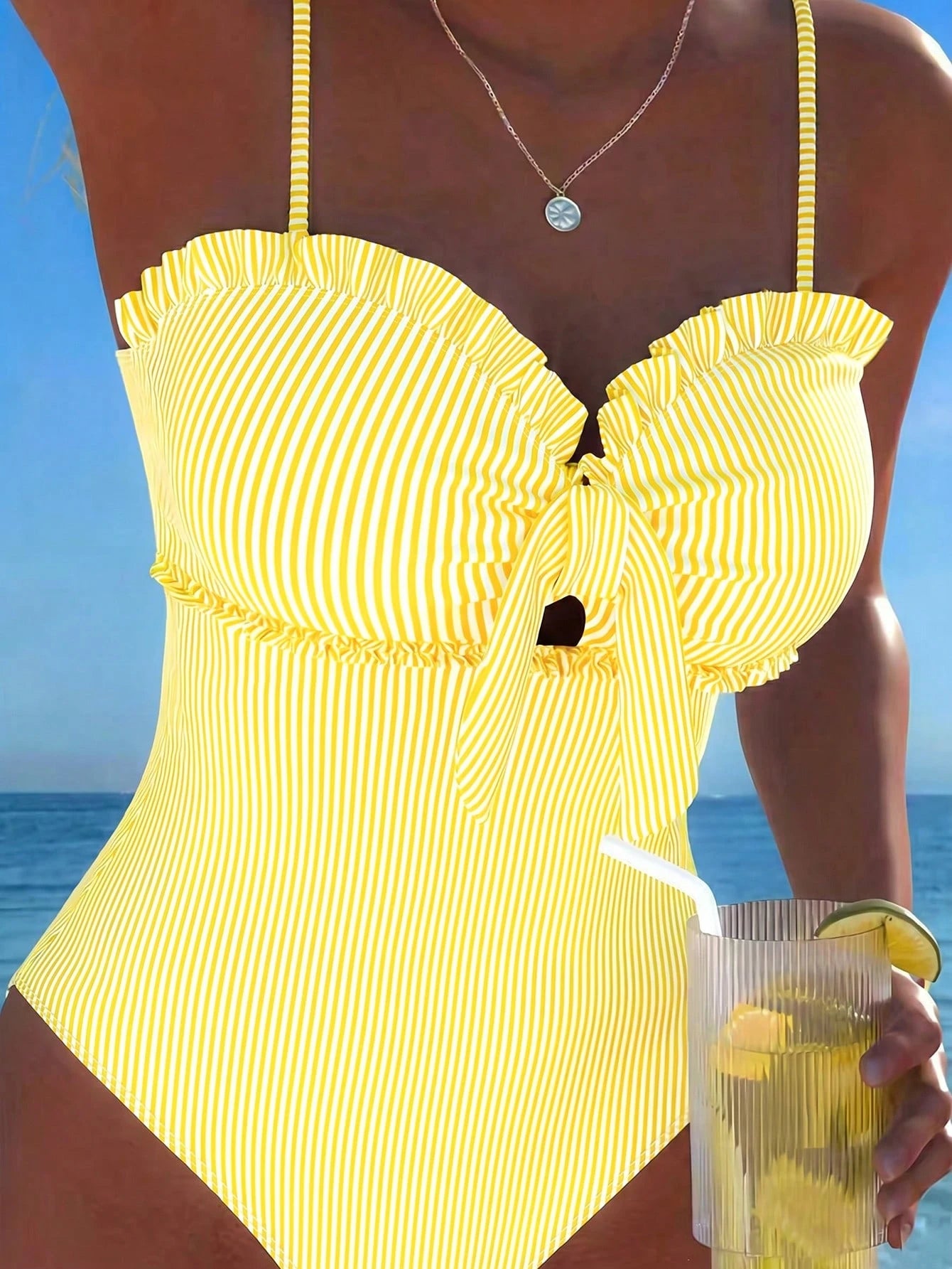 SHEIN New Arrival Fashion Printed Lace Removable Strap Bow Decor One-Piece Swimsuit