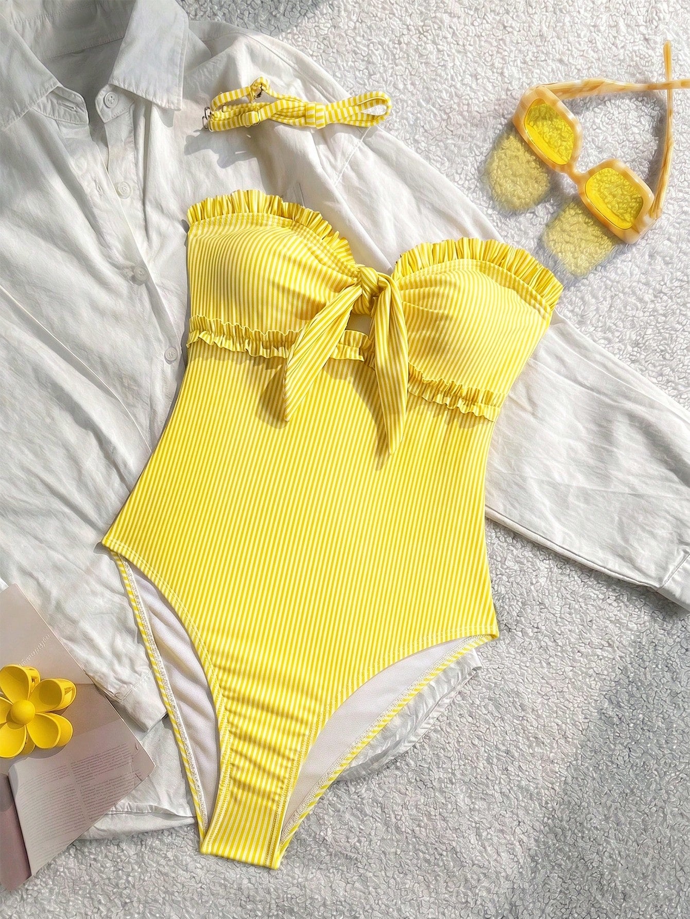 SHEIN New Arrival Fashion Printed Lace Removable Strap Bow Decor One-Piece Swimsuit