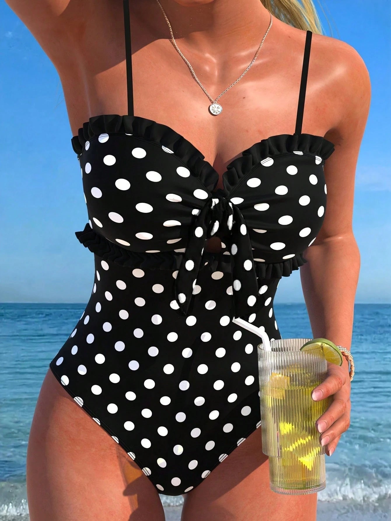 SHEIN New Fashionable Sexy Elegant Striped Lace Ruffle Bust Bow Detachable Strap One-Piece Swimsuit