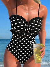 SHEIN New Fashionable Sexy Elegant Striped Lace Ruffle Bust Bow Detachable Strap One-Piece Swimsuit