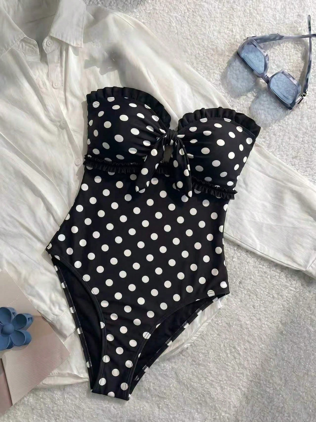 SHEIN New Fashionable Sexy Elegant Striped Lace Ruffle Bust Bow Detachable Strap One-Piece Swimsuit