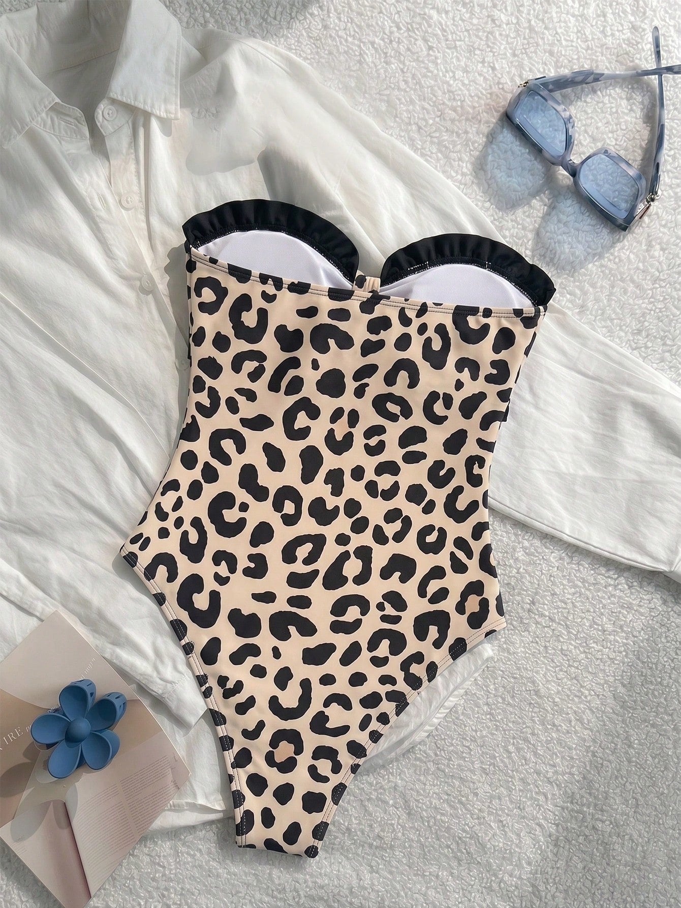 SHEIN New Fashionable Sexy Elegant Striped Lace Ruffle Bust Bow Detachable Strap One-Piece Swimsuit