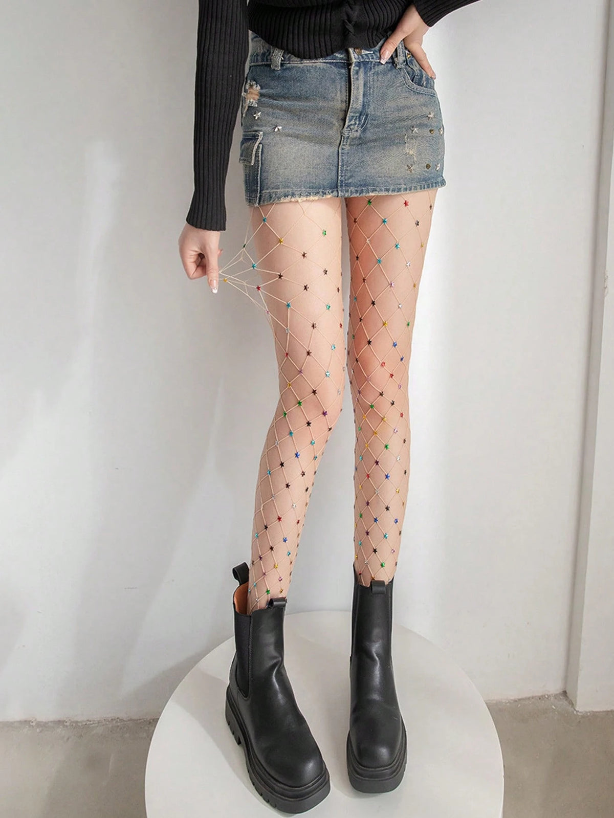 SHEIN New Sexy Hot Girl Rhinestone Star Fishnet Tights, Korean Style Fishnet Leggings