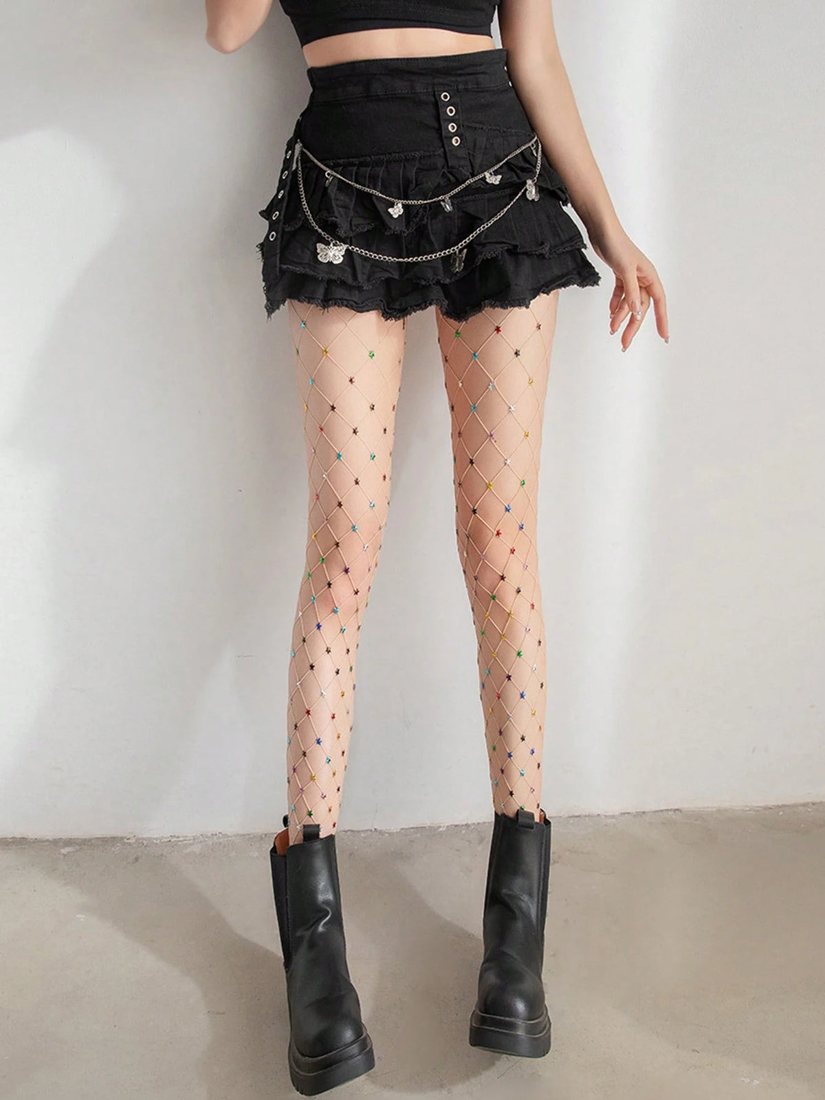 SHEIN New Sexy Hot Girl Rhinestone Star Fishnet Tights, Korean Style Fishnet Leggings